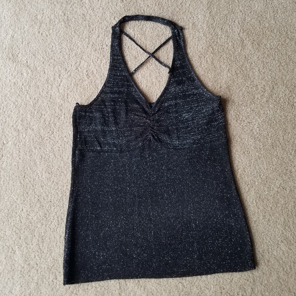 MANGO Black Sexy Halter Shimmery Top Criss Cross Back from Spain